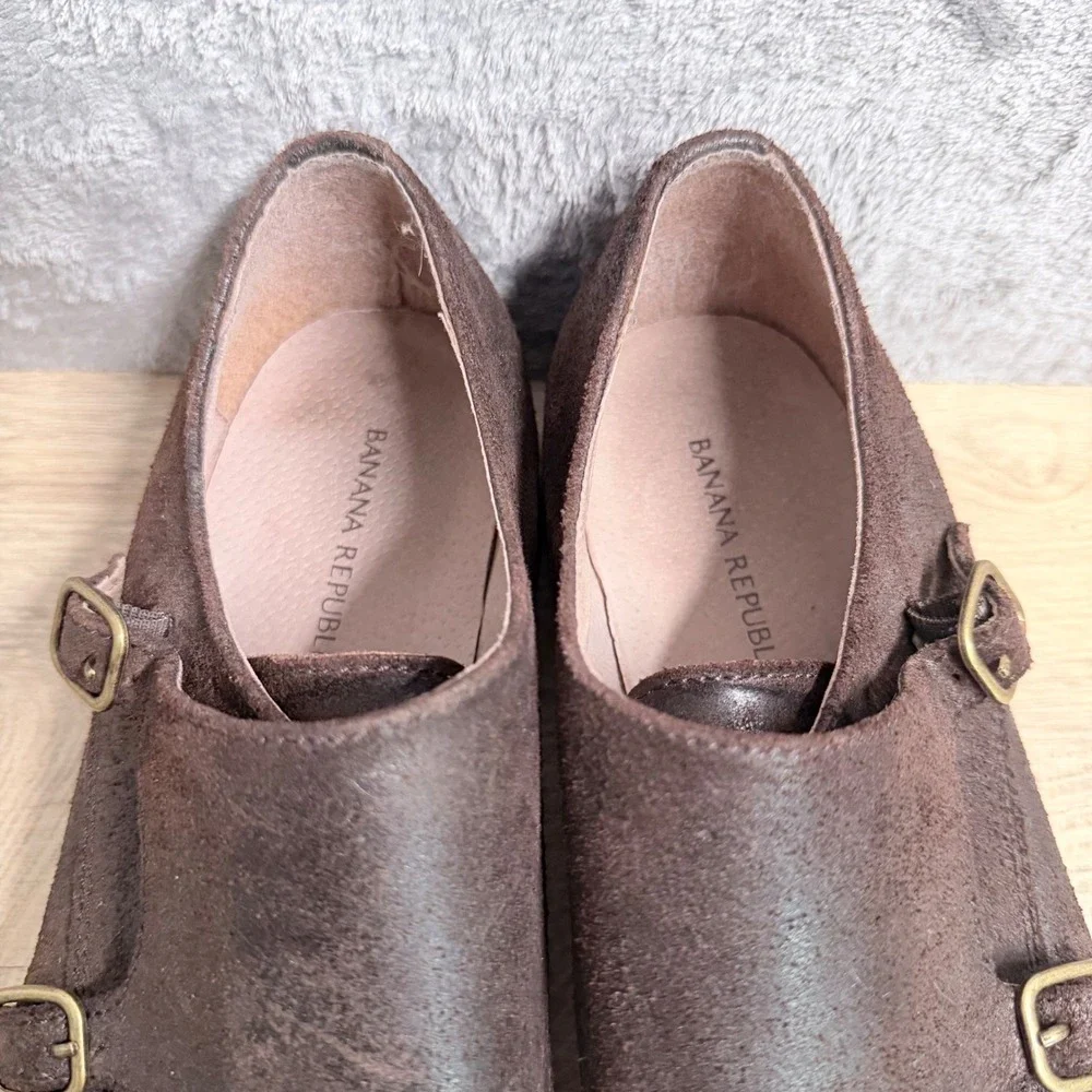 Banana Republic Monk Strap Shoes Mens 8.5‎ Brown Distressed Suede Double Buckle